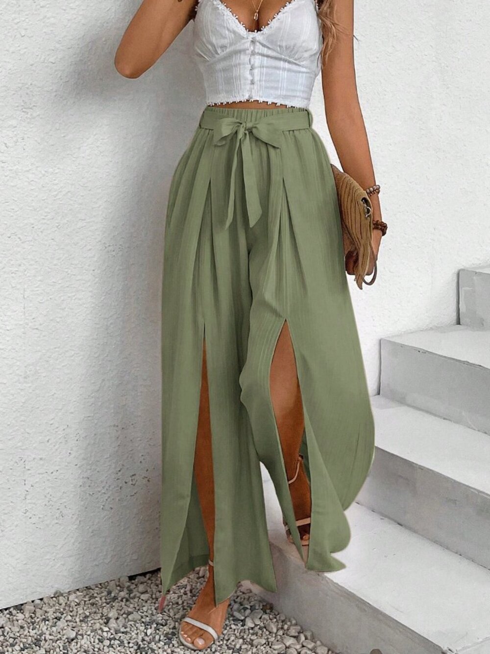 Mint Green Casual Women Twist Knotted Loose Pants